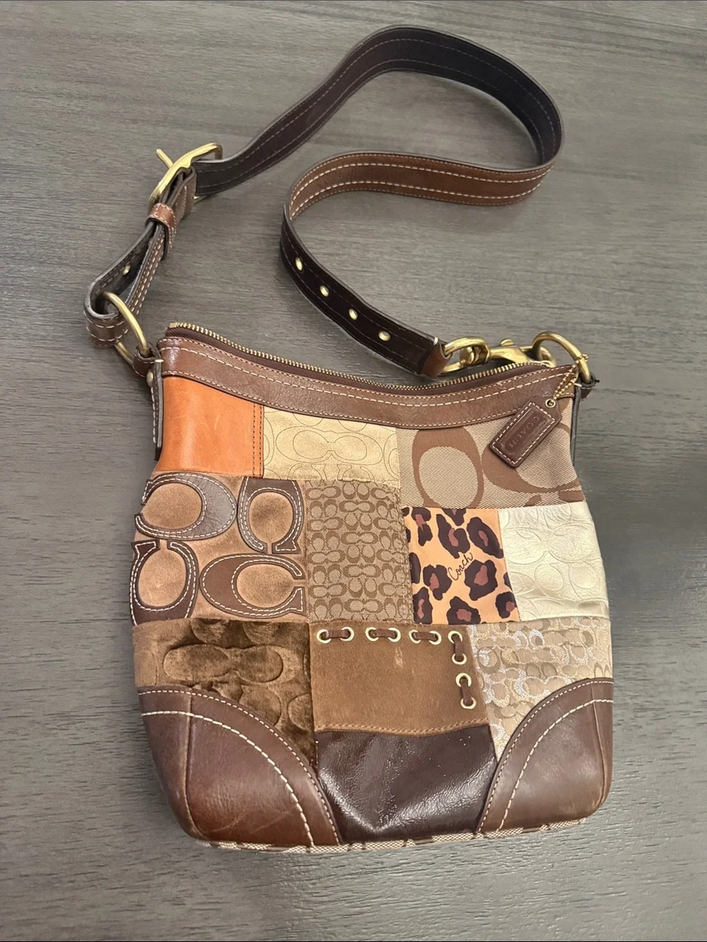 Coach Patchwork Signature Crossbody Bag Brown Animal Print Suede RARE F12840